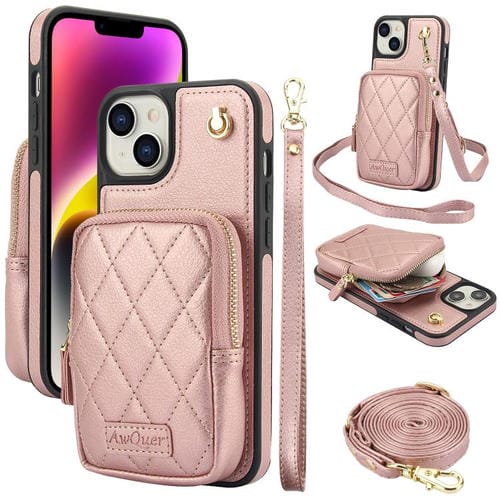Funda de Teléfono Awquer Crossbody Zipper Wallet para iPhone 14 Plus de Cuero de Lichi (Oro Rosa)