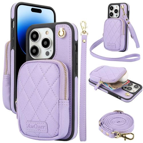 Funda para iPhone 14 Pro Awquer Crossbody Zipper Wallet Bag Litchi Leather Phone Case (Púrpura Claro)