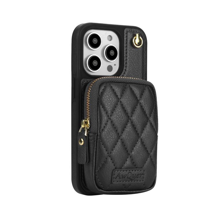 Funda de teléfono Awquer Crossbody Wallet Bag para iPhone 14 Pro Max de cuero Litchi (Negro)