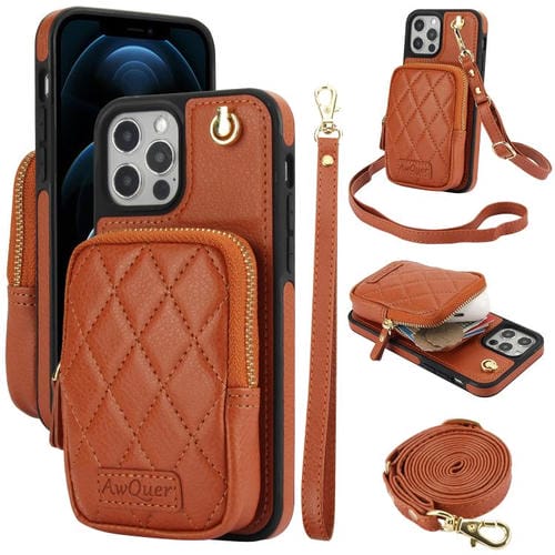 Funda de Teléfono Awquer Crossbody Wallet Bag para iPhone 12 Pro Max Cuero de Lichi (Marrón)