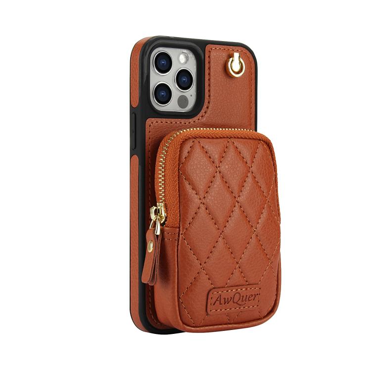 Funda de Teléfono Awquer Crossbody Wallet Bag para iPhone 12 Pro Max Cuero de Lichi (Marrón)