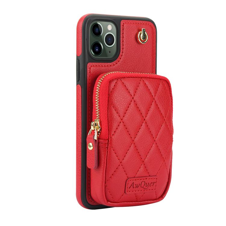 Funda para iPhone 11 Pro Max Awquer Crossbody Zipper Wallet Bag Litchi Leather Phone Case (Rojo)