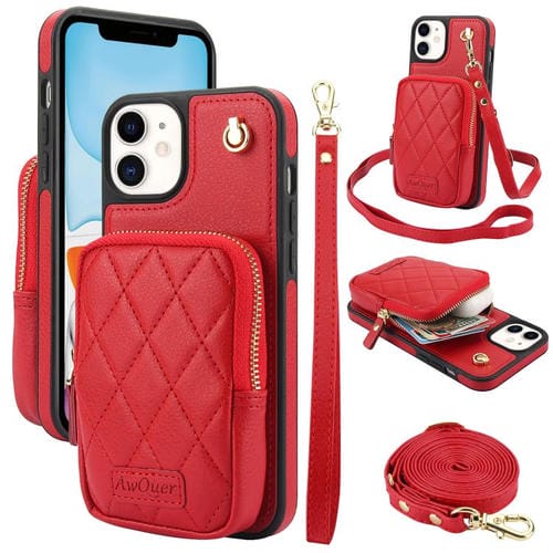 Funda para iPhone 11 Awquer con Cremallera Cruzada y Billetera de Cuero de Lichi (Rojo)
