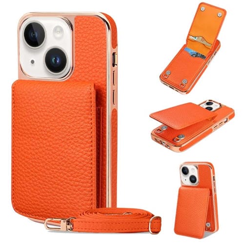 Funda de Teléfono Tipo Billetera Vietao Textura de Lichi Cordón de Pu para iPhone 14 Plus (Naranja)