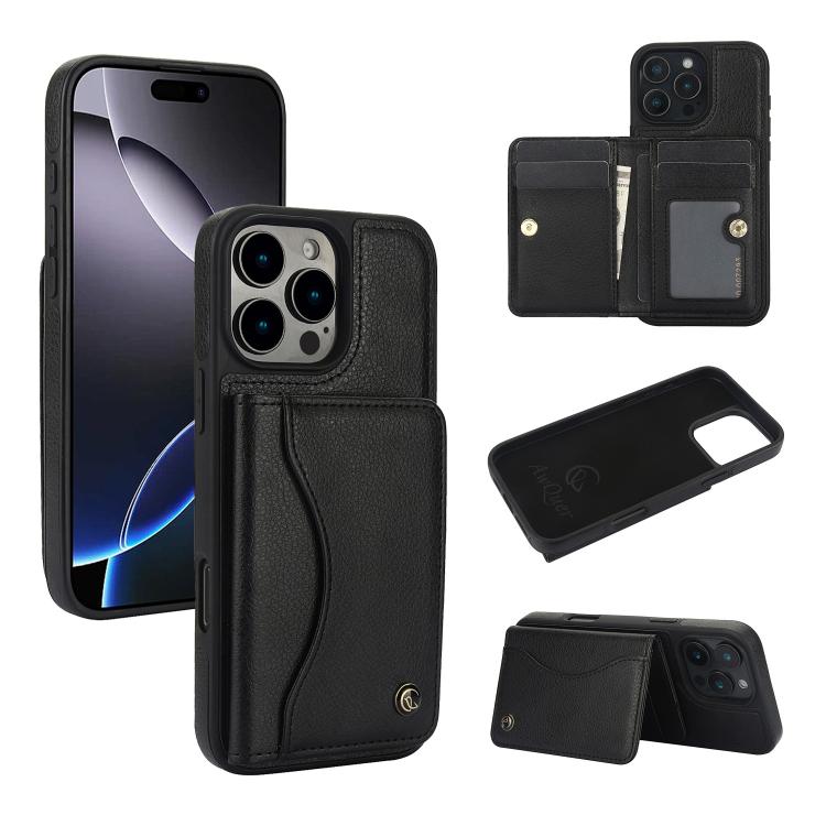 Funda para iPhone 16 Pro Max Awquer Cuero Tapa Horizontal Tarjetas Soporte (Negro)