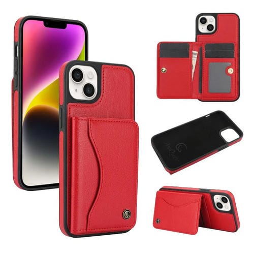 Funda de Cuero Awquer para iPhone 14 Plus con Tapa Horizontal para Tarjetas y Soporte (Rojo)