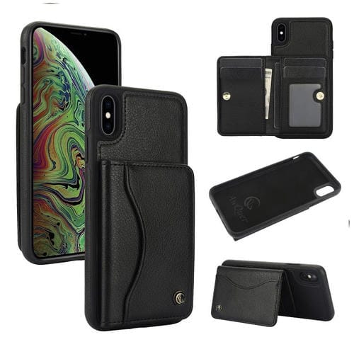 Funda para iPhone Xs Max Awquer de Cuero con Tapa Horizontal para Tarjetas y Soporte (Negro)