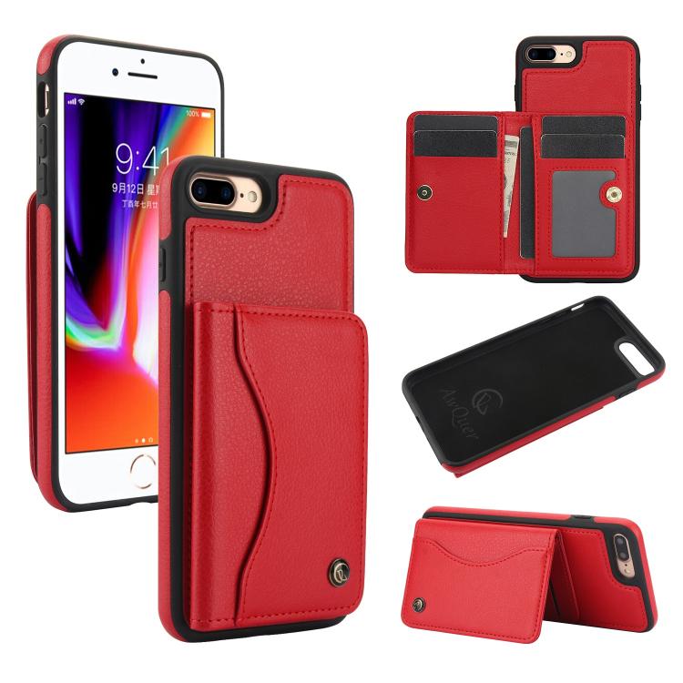 Funda de Cuero Awquer para iPhone 7 Plus y 8 Plus con Tapa Horizontal para Tarjetas y Soporte (Rojo)