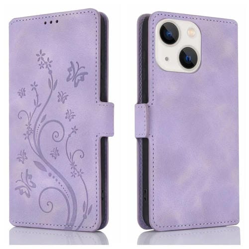 Funda de Cuero iPhone 15 Plus Relieve Mariposa y Flor Amor Ensueño (Morado)