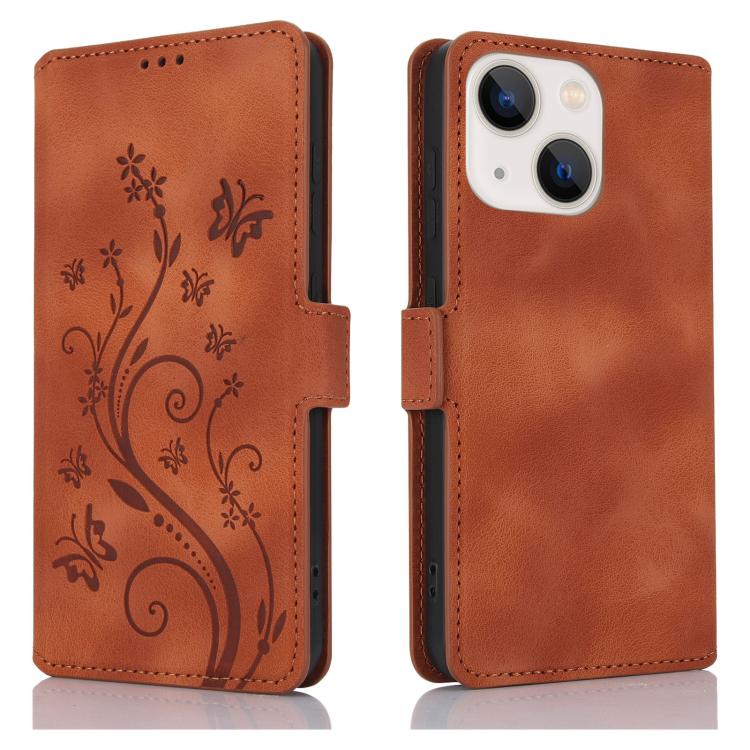 Funda de Cuero con Relieve Mariposa y Flor para iPhone 15 Plus (Marrón)