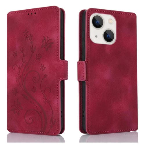 Funda de Cuero con Relieve de Mariposa y Flor de Amor de Ensueño para iPhone 15 Plus (Rojo)