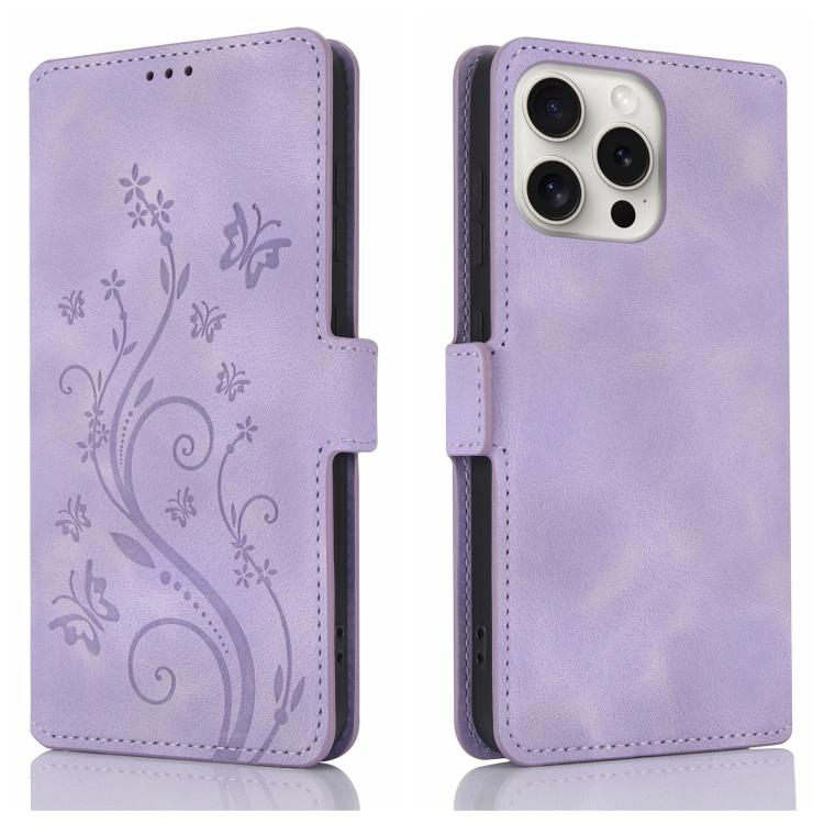 Funda de Cuero iPhone 14 Pro Max Relieve Mariposa y Flor Amor (Morado)