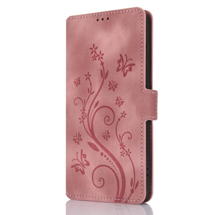 Funda de Cuero iPhone 13 Mini Relieve Mariposa Flor Amor Ensueño (Oro Rosa)