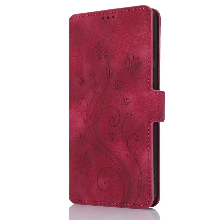 Funda de Cuero iPhone 13 Mini Relieve Mariposa y Flor Amor Ensueño (Rojo)