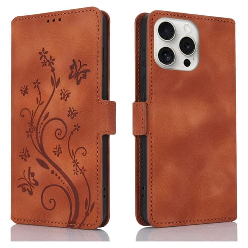 Funda de Cuero iPhone 12 Pro Max con Relieve Mariposa y Flor (Marrón)