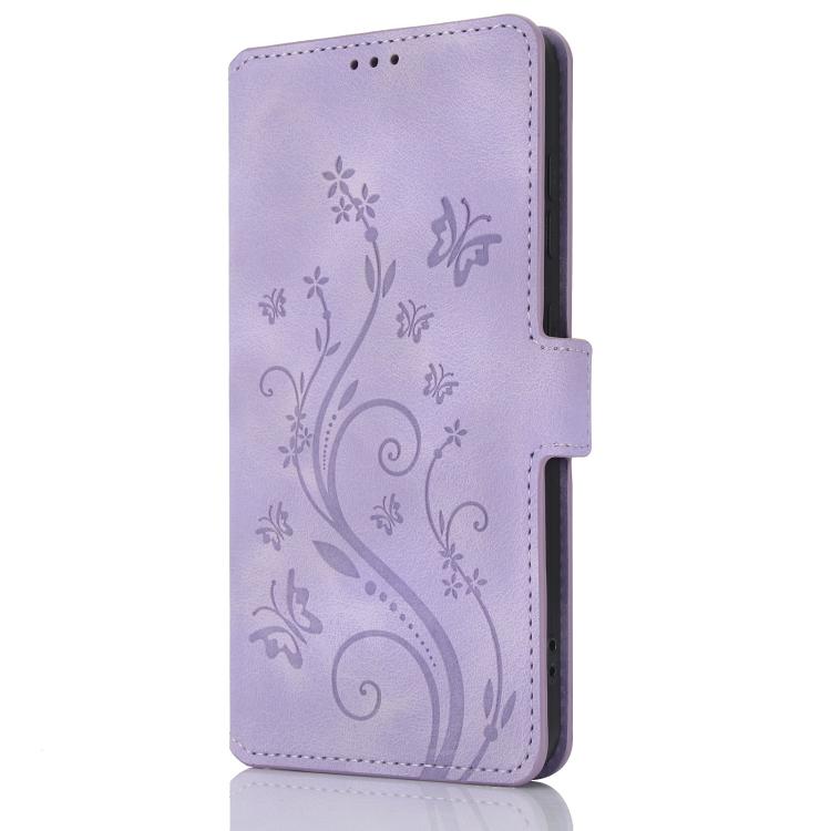 Funda de Cuero iPhone 12 Mini con Relieve Mariposa y Flor de Amor (Morado)