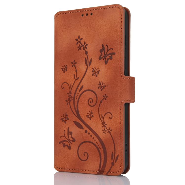 Funda de Cuero iPhone 12 Mini Relieve Mariposa y Flor de Amor (Marrón)