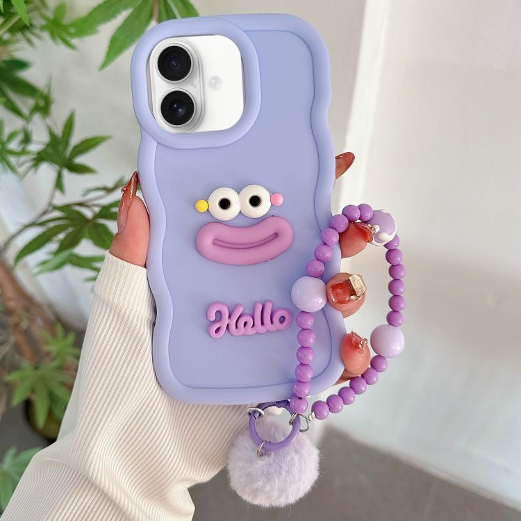 Funda TPU para iPhone 16 Plus Forma Boca de Salchicha Cadena Cuentas (Morado)