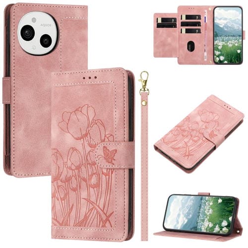 Funda de Cuero con Relieve Tulipanes para Sharp Aquos Sense9 con Cordón (Rosa)