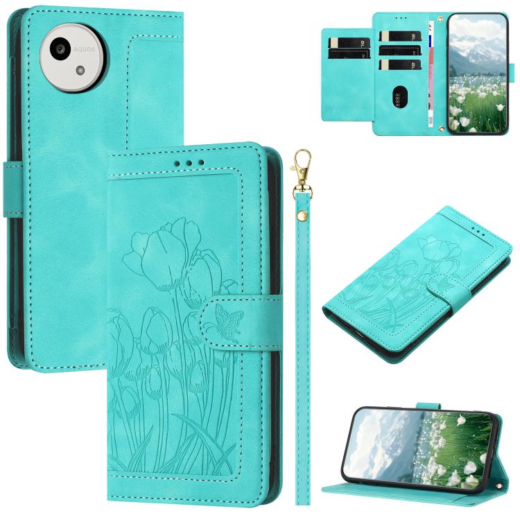 Funda de cuero con relieve de tulipanes y cordĂłn para Sharp Aquos wish5 (verde)