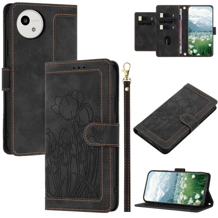 Funda de cuero con relieve de tulipanes y cordĂłn para Sharp Aquos wish5 (negra)