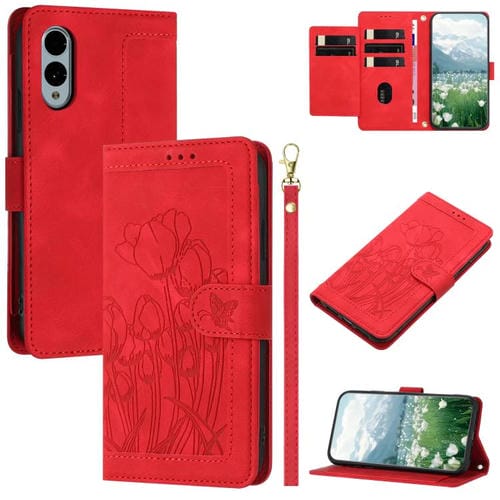 Funda de Cuero con Relieve de Tulipanes para Fujitsu Arrows We2 con Cordón (Rojo)