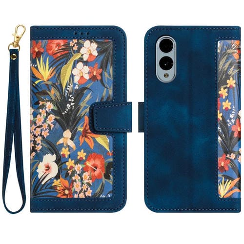Funda de Cuero con Diseño Floral y Cordón para Fujitsu Arrows We2 (Azul Oscuro)