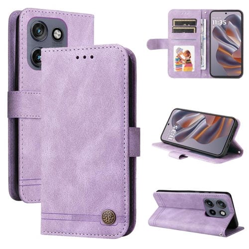 Funda de Cuero Motorola Edge 50 Neo Thinkphone 25 con Botones de Metal y Árbol de la Vida (Morado)