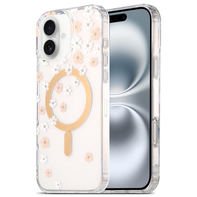 Funda para iPhone 16 con Laminado de Doble Cara IMD Magsafe (Rosa y Margaritas Blancas)