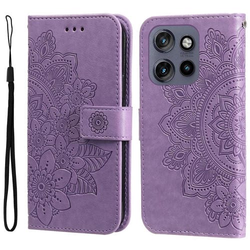 Funda de Cuero con Relieve de Flores de Siete Pétalos para Motorola Edge 50 Neo/Thinkphone 25 (Morado Claro)