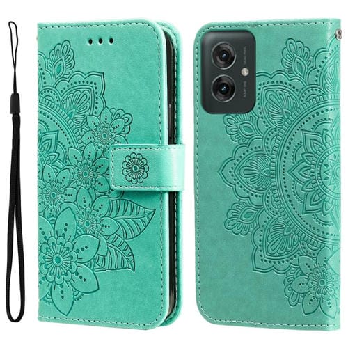 Funda de Cuero Motorola Moto G55 con Relieve de Flores de Siete Pétalos (Verde)