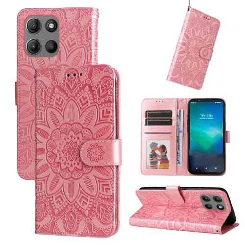 Funda de Cuero para Motorola Moto G15/G15 Power con Diseño de Girasol en Relieve (Oro Rosa)