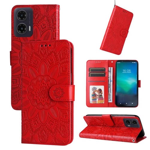 Funda de Piel para Motorola Moto G35 con Diseño de Girasol en Relieve (Rojo)