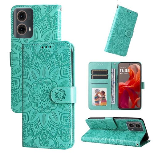 Funda de Piel con Relieve de Girasol para Motorola Moto G85/S50 Neo (Verde)