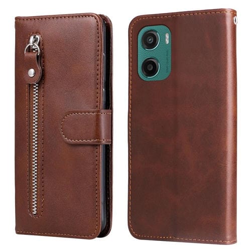 Funda de Piel Motorola Moto G05/E15 con Textura de Becerro y Cremallera (Marrón)
