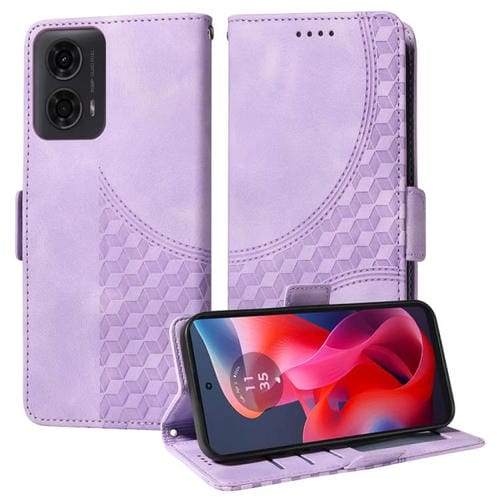 Funda de Cuero Motorola Moto G04/G04S/G24/E14 con Diseño de Rombos y Estrellas (Morado)