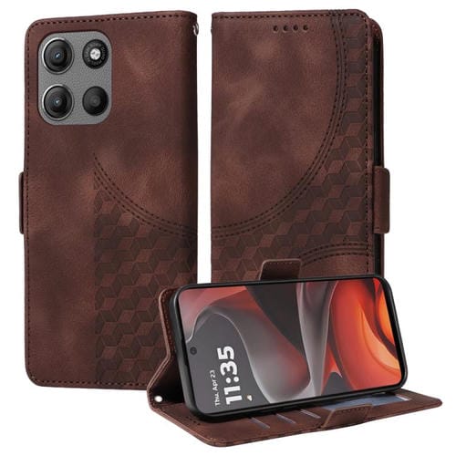 Funda de Cuero Motorola Moto G15/G15 Power con Diseño de Rombos y Estrellas (Marrón)