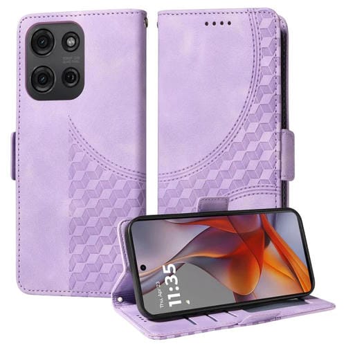 Funda de Cuero Motorola Moto G75 5G con Diseño de Rombos y Estrellas en Relieve (Morado)