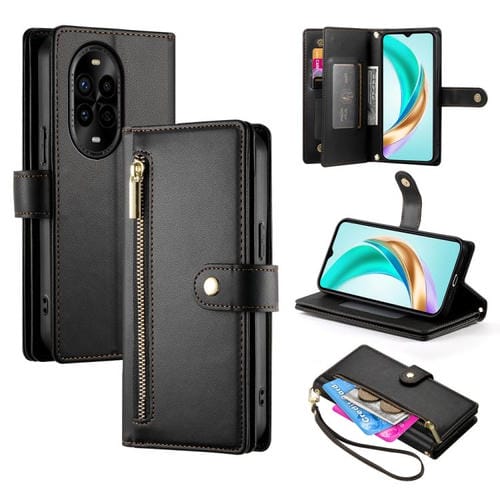 Funda de Cuero Huawei Nova 13 Pro con 9 Ranuras para Tarjetas y Cremallera (Negra)