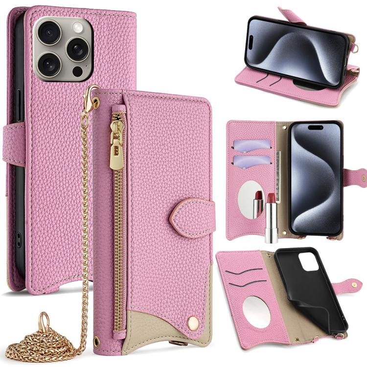 Funda de Piel de Lichi con Cadena Cruzada y Cola de Pez para iPhone 16 Pro (Rosa)