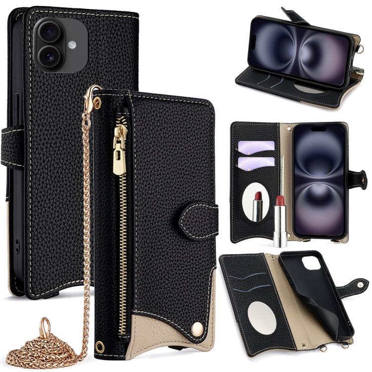 Funda de Piel de Lichi iPhone 16 Plus Diseño Cola de Pez y Cadena Cruzada (Negra)