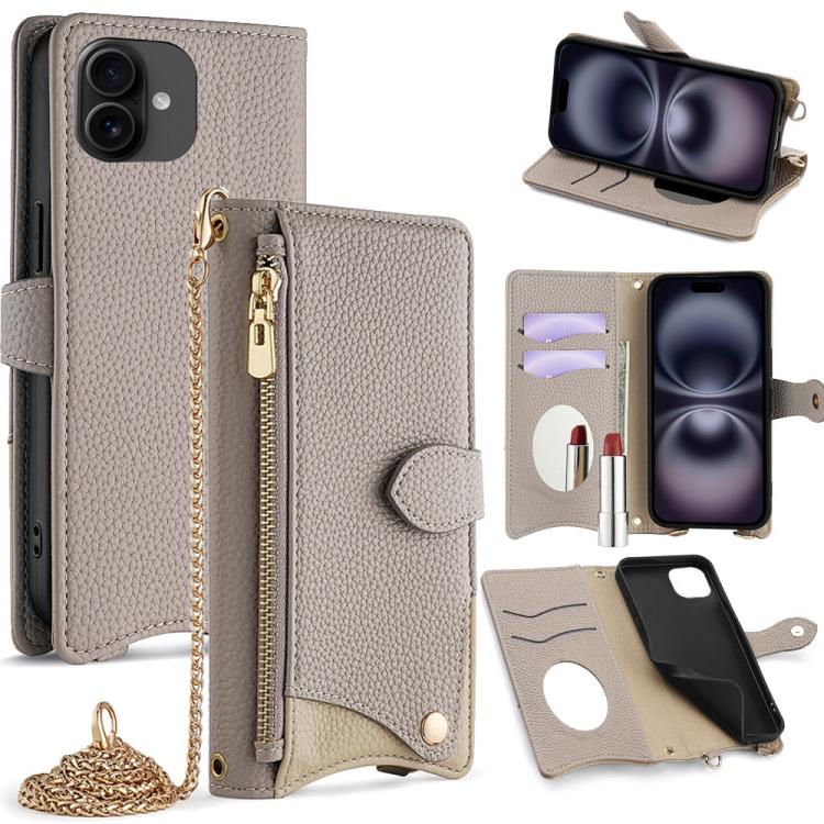Funda de Piel de Lichi para iPhone 16 Plus Diseño de Cola de Pez y Cadena Cruzada (Gris)