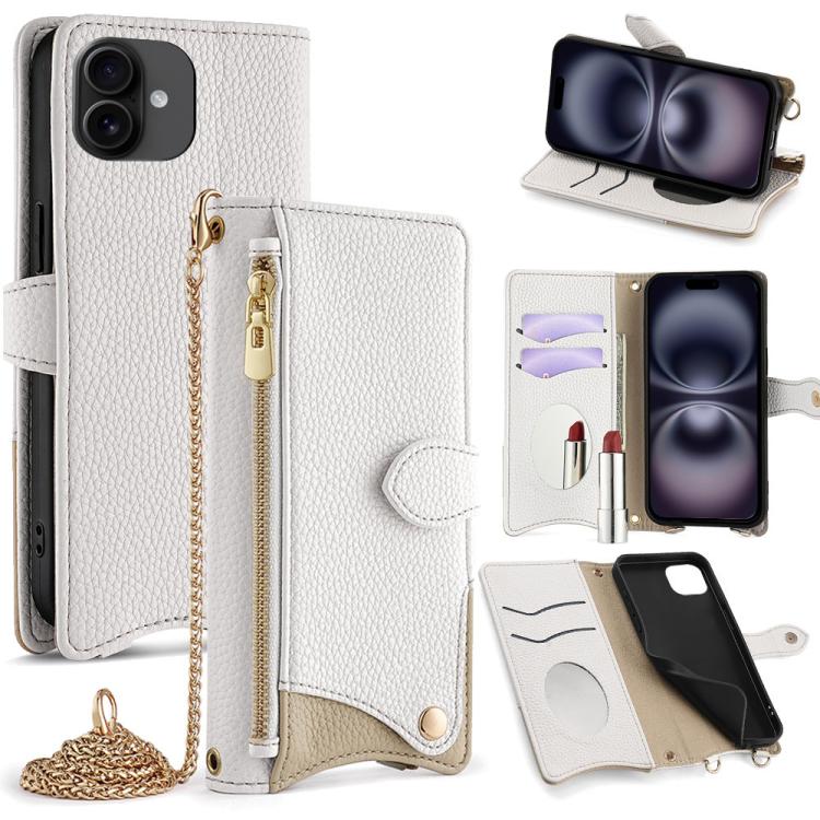 Funda de Piel de Lichi para iPhone 16 Plus con Diseño de Cola de Pez y Cadena Cruzada (Blanca)