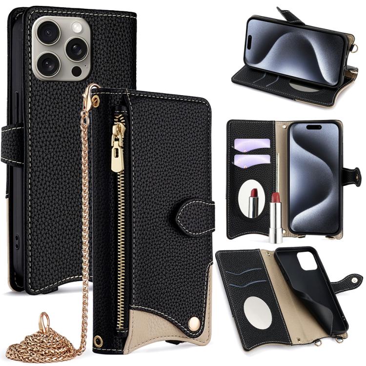 Funda de Cuero iPhone 15 Pro Max Diseño Lichi Cadena Cruzada (Negro)