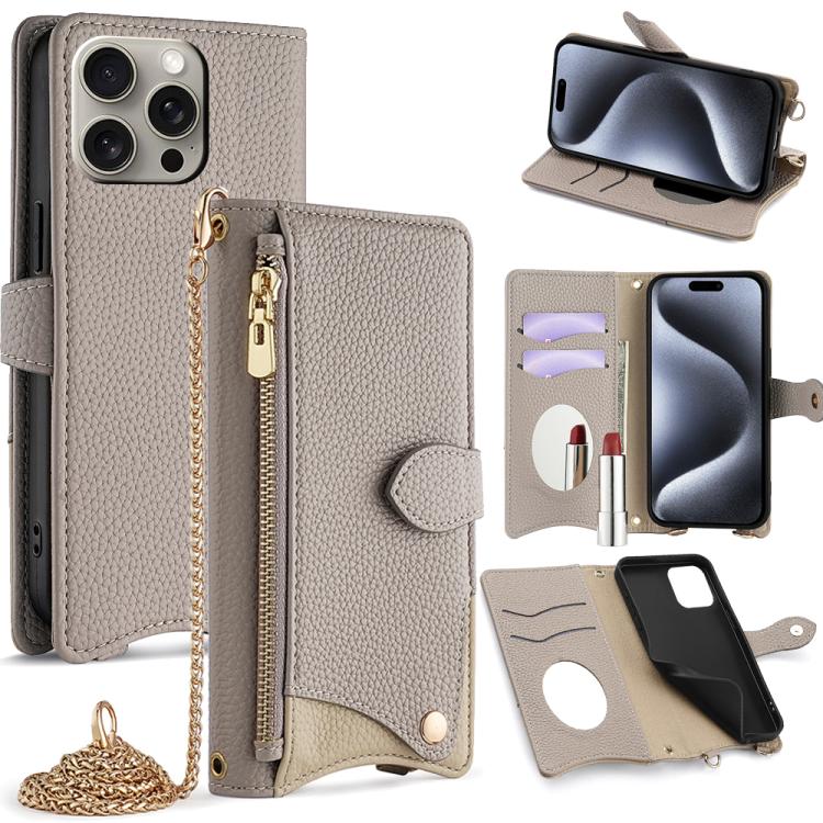 Funda de Piel de Lichi con Cadena Cruzada y Diseño de Cola de Pez para iPhone 15 Pro Max (Gris)