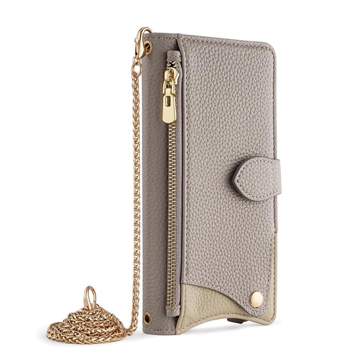 Funda de Piel de Lichi con Cadena Cruzada y Diseño de Cola de Pez para iPhone 15 Pro Max (Gris)
