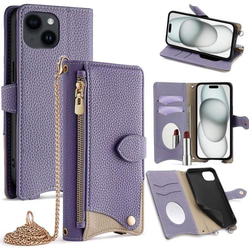 Funda de Piel de Lichi para iPhone 15 Plus Diseño Cola de Pez Cadena Cruzada (Morado)