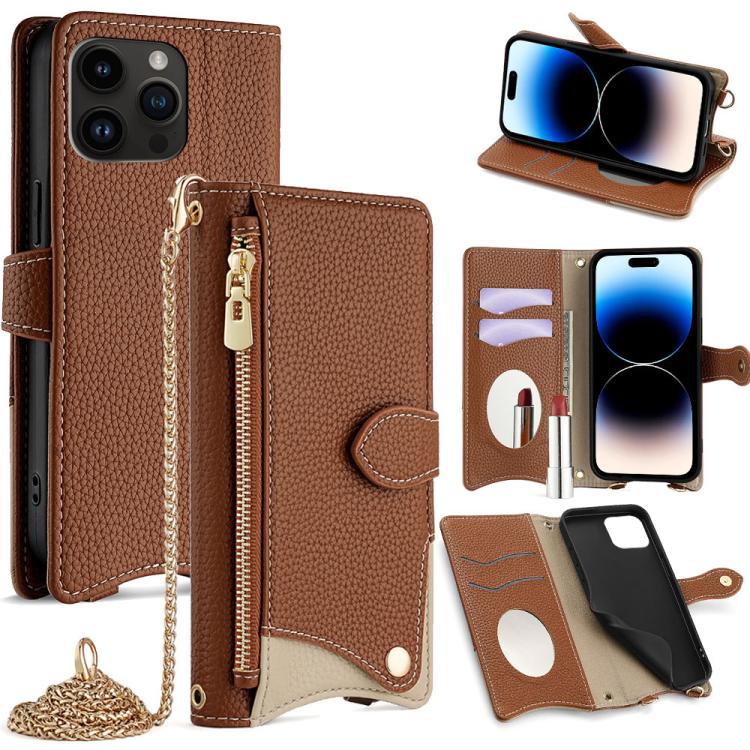 Funda de Piel de Lichi para iPhone 14 Pro Max Diseño de Cola de Pez y Cadena Cruzada (Marrón)
