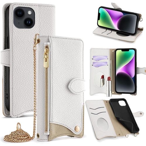 Funda de Piel de Lichi para iPhone 13 con Diseño de Cola de Pez y Cadena Cruzada (Blanca)