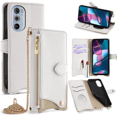 Funda de Cuero con Cadena Cruzada y Diseño Cola de Pez para Motorola Edge+ 2022 / Edge 30 Pro (Blanco)